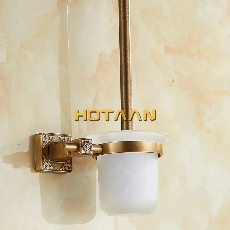 Decorbites antique brass wall mount toilet brush holder with frosted glass cup and ornate bracket for bathroom use