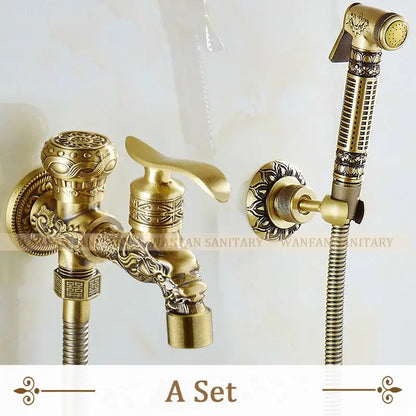 Decorbites antique brass wall mounted bidet faucet with ornate brass dragon head and matching handheld showerhead