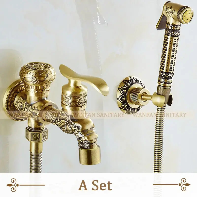 Decorbites antique brass wall mounted bidet faucet with ornate brass dragon head and matching handheld showerhead