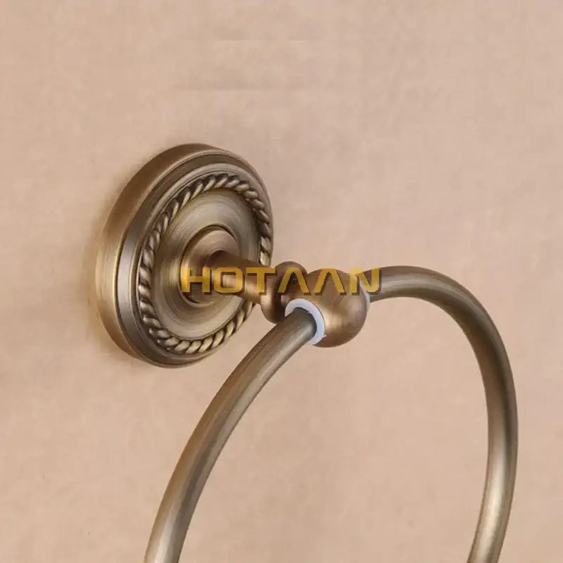 DecorBites™ antique brass towel ring holder with rope-twist decorative plate and smooth circular bar wall-mounted design