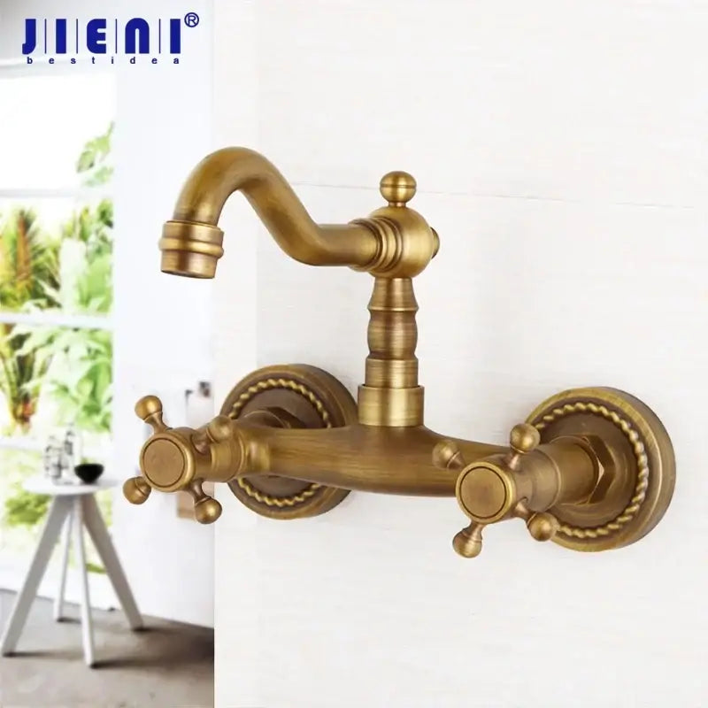 DecorBites antique brass wall mounted shower faucet with ornate vintage design and two cross handles for hot cold mixing