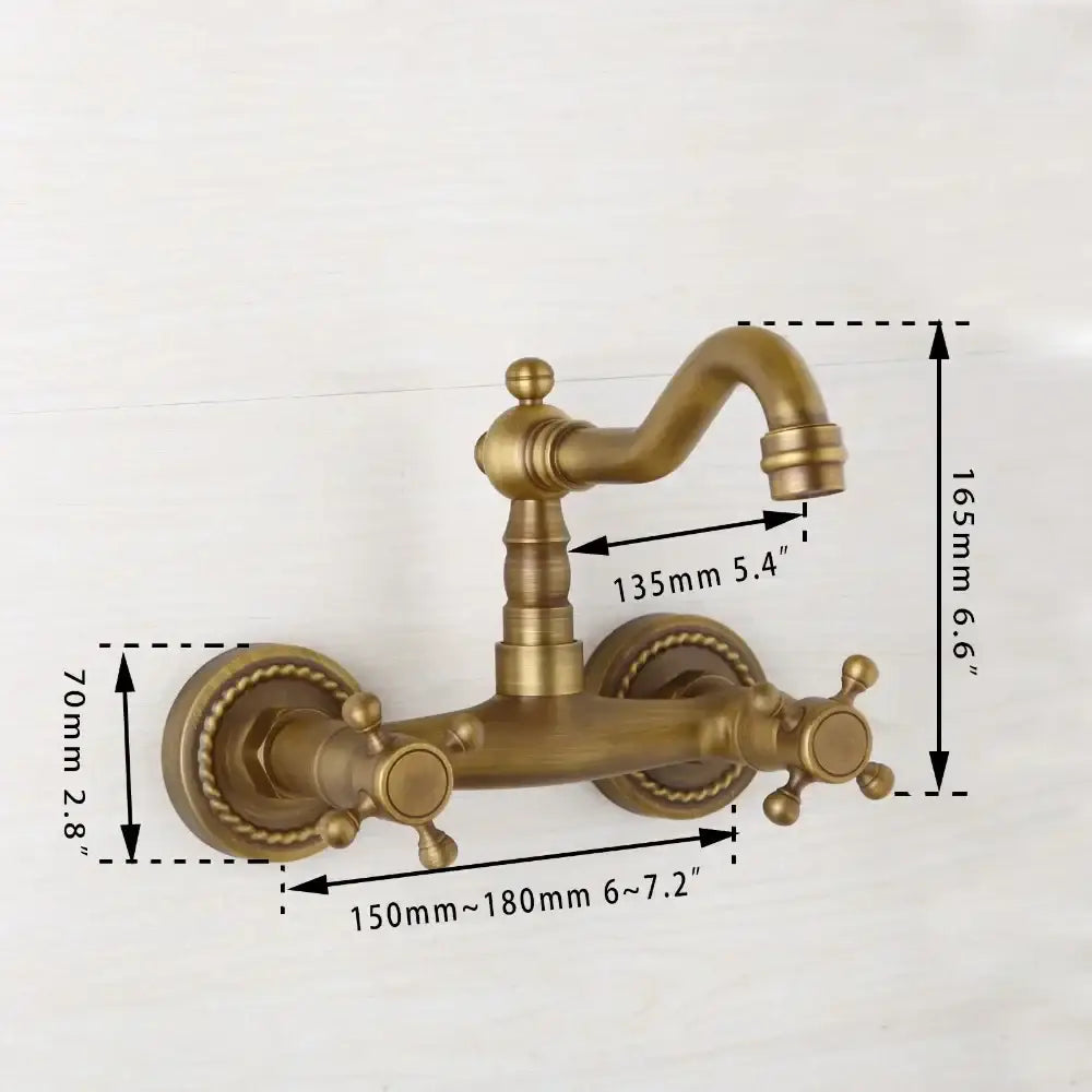 Decorbites antique brass wall mounted shower faucet with double handles and twisted rope detailing on circular base plates