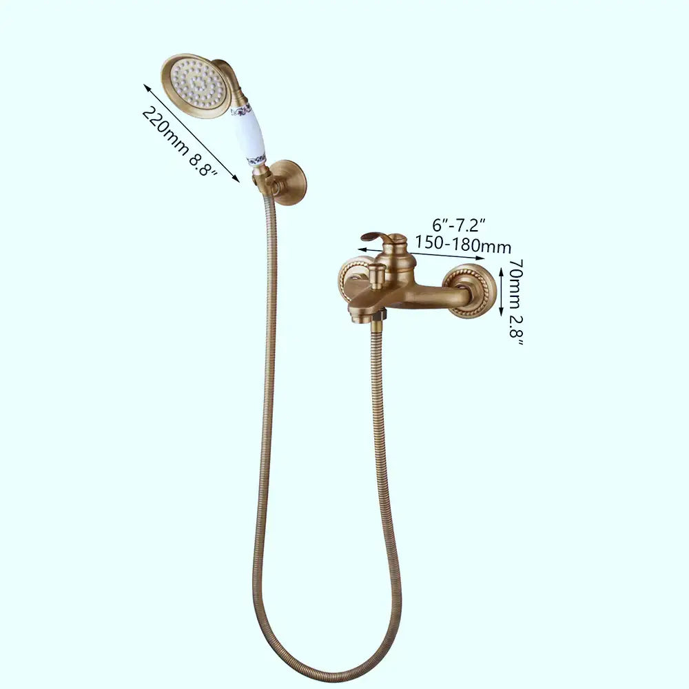 Decorbites antique brass wall mounted shower faucet set with ceramic handheld showerhead and flexible hose