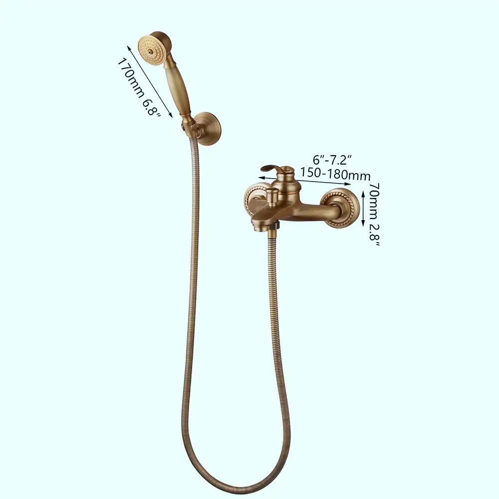 DecorBites antique brass wall mounted shower faucet set with detachable handheld spray head and flexible braided hose