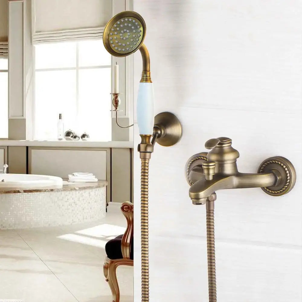 Antique brass shower faucet set from decorbites featuring a wall mounted faucet and handheld showerhead with ceramic handle