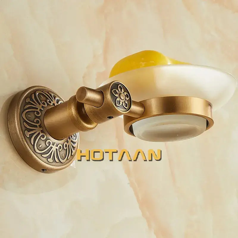 DecorBites antique brass wall mounted soap dish with frosted glass bowl and ornate floral mounting plate detailing