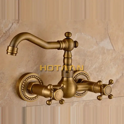 DecorBites antique brass wall mounted swivel kitchen faucet mixer tap with double handles and ornate twisted rope detailing