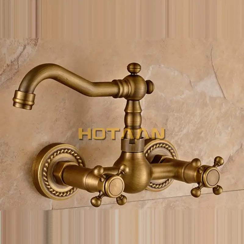 DecorBites antique brass wall mounted swivel kitchen faucet mixer tap with double handles and ornate twisted rope detailing