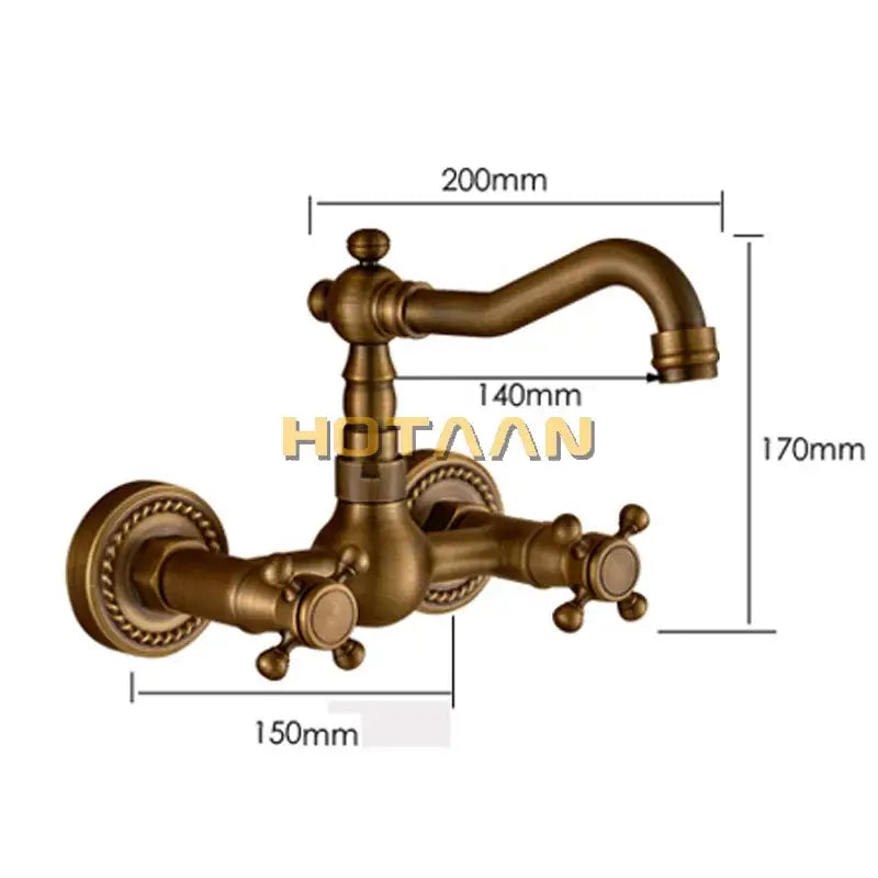 DecorBites antique brass wall mounted swivel kitchen faucet mixer tap with ornate cross handles and rope detailing