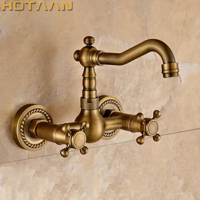 Decorbites antique brass wall mounted swivel kitchen faucet mixer tap with ornate cross handles and decorative rope detailing