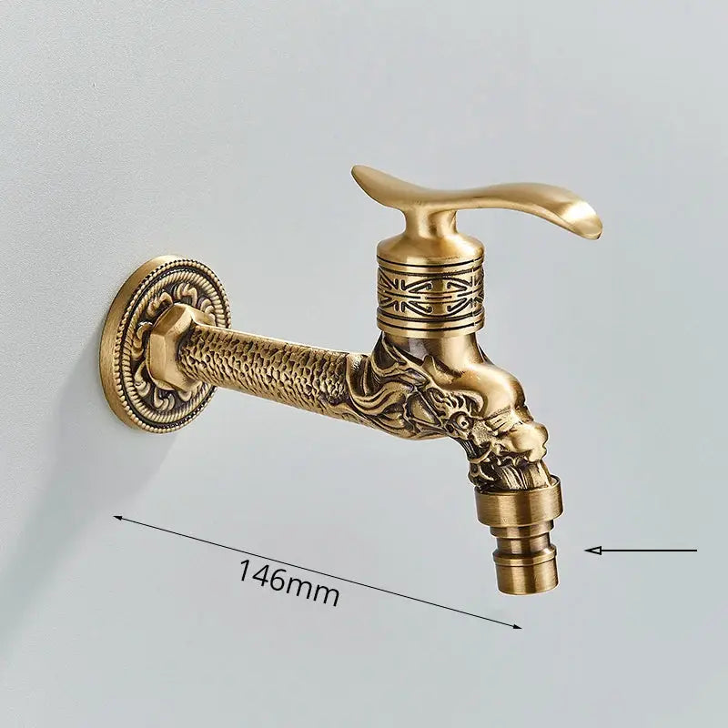 DecorBites™ antique brass wall mounted washing machine faucet with ornate dragon head and textured patterned spout