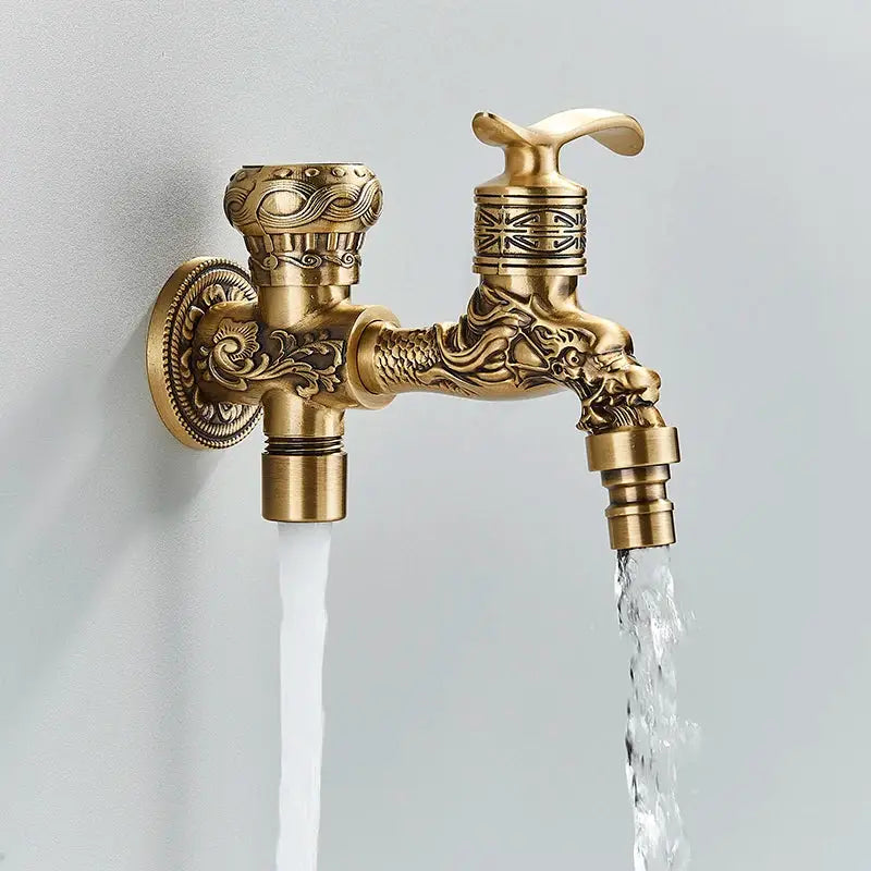 Decorbites antique brass wall mounted washing machine faucet with intricate dragon embossing and dual spouts for bathroom use