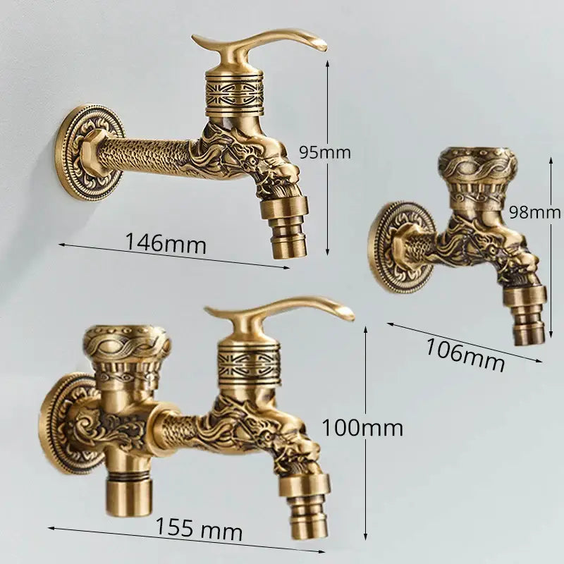 Decorbites antique brass wall mounted washing machine faucet with ornate dragon head design for bathroom and garden use