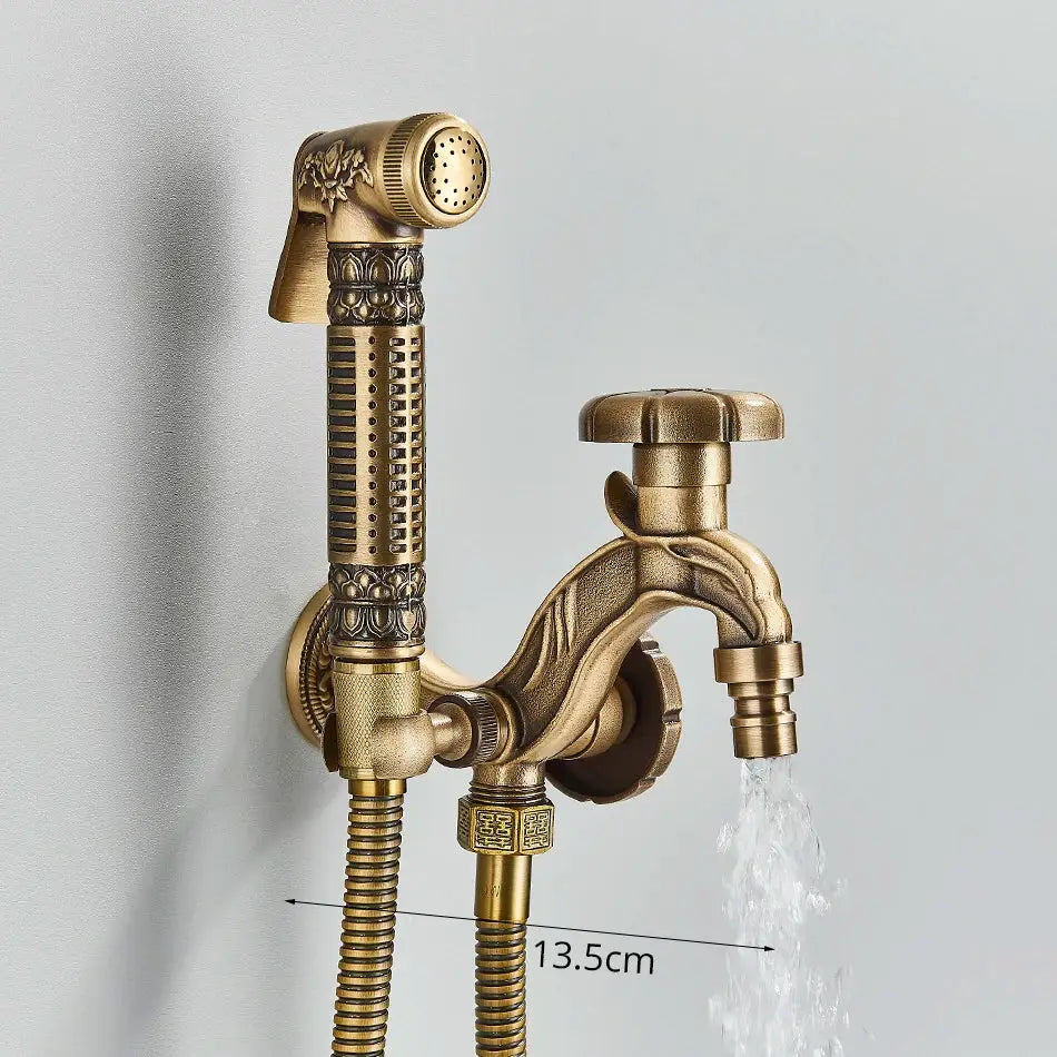 Decorbites antique brass wall mounted washing machine faucet with ornate floral and geometric detailing for bathroom use