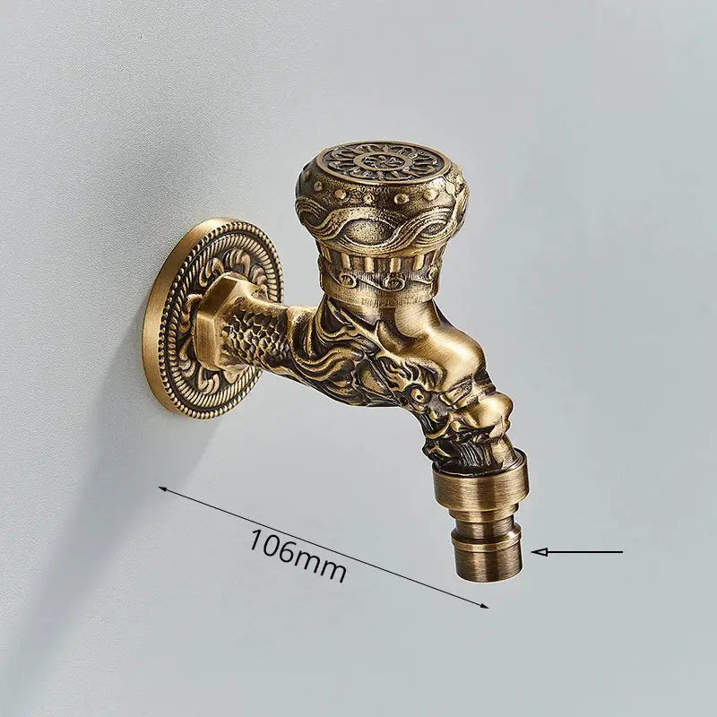 DecorBites antique brass wall mounted washing machine faucet with intricate dragon floral embossing for bathroom and garden