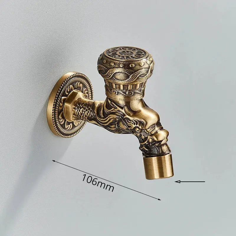 DecorBites antique brass wall mounted washing machine faucet with intricate dragon and floral embossing for bathroom use