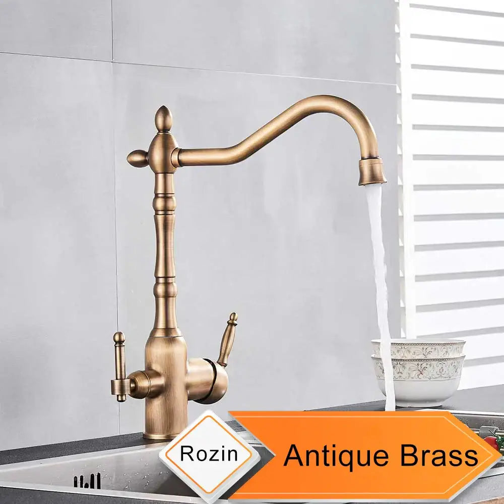 DecorBites antique brass kitchen faucet with curved spout and dual handles for lead-free water filtration kitchen use