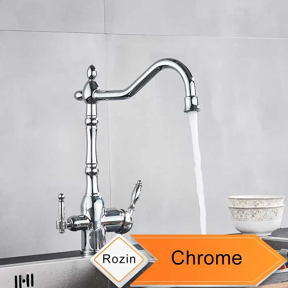 Chrome-finished decorbites antique brass water filtration kitchen faucet with classic dual handles and lead-free design