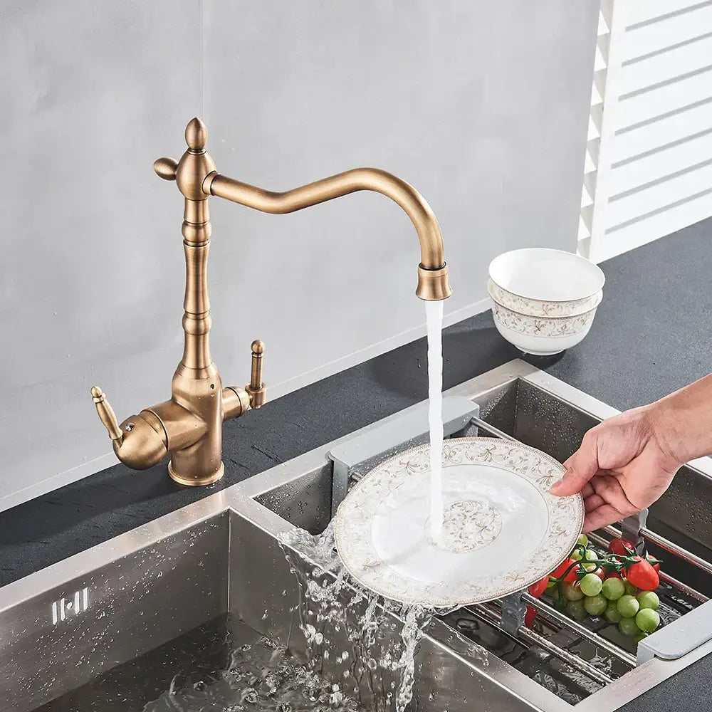 DecorBites™ antique brass water filtration kitchen faucet with brass finish and ornate curved spout for lead-free use