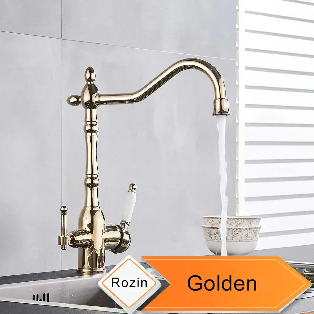 Golden rozin polished brass kitchen faucet with ornate knobs lead-free filtration kitchen faucet by decorbites