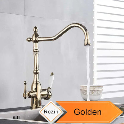 Golden rozin polished brass kitchen faucet with ornate knobs lead-free filtration kitchen faucet by decorbites