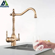 DecorBites™ antique brass water filtration kitchen faucet with dual handles and lead-free drinking sink faucet design