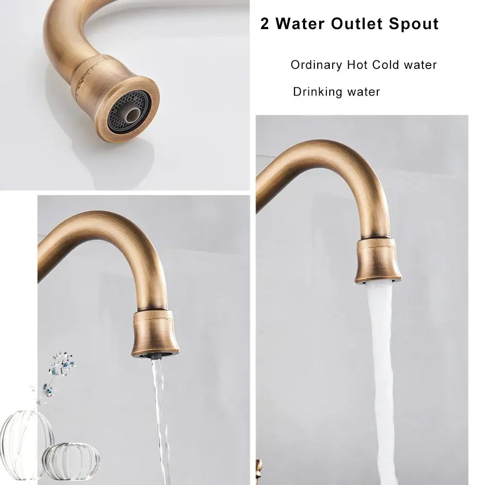 DecorBites™ antique brass kitchen faucet with curved spout and dual outlet design for water filtration kitchen use