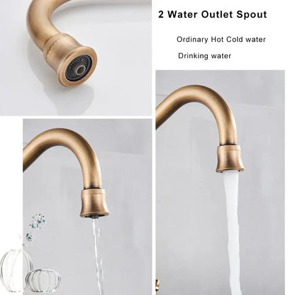 DecorBites™ antique brass kitchen faucet with curved spout and dual outlet design for water filtration kitchen use
