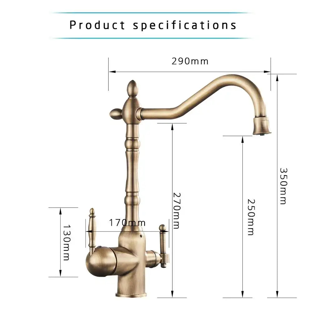 DecorBites™ antique brass water filtration kitchen faucet with lead-free drinking sink and curved vintage design