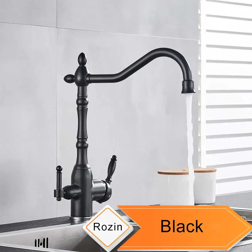 Black matte finish decorbites antique brass water filtration kitchen faucet with curved spout and ornate handle design