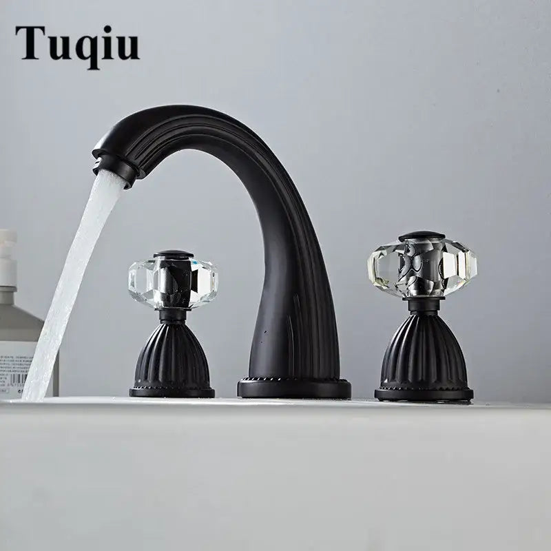 Black matte widespread basin faucet with crystal knob handles by DecorBites antique bronze 3 hole widespread basin faucet