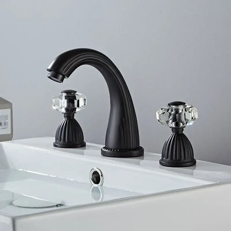 DecorBites antique bronze widespread basin faucet with black matte finish and crystal knob handles for hot cold mixer tap
