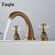 DecorBites antique bronze widespread basin faucet with brass finish crystal knob handles and curved spout for hot cold mixer tap