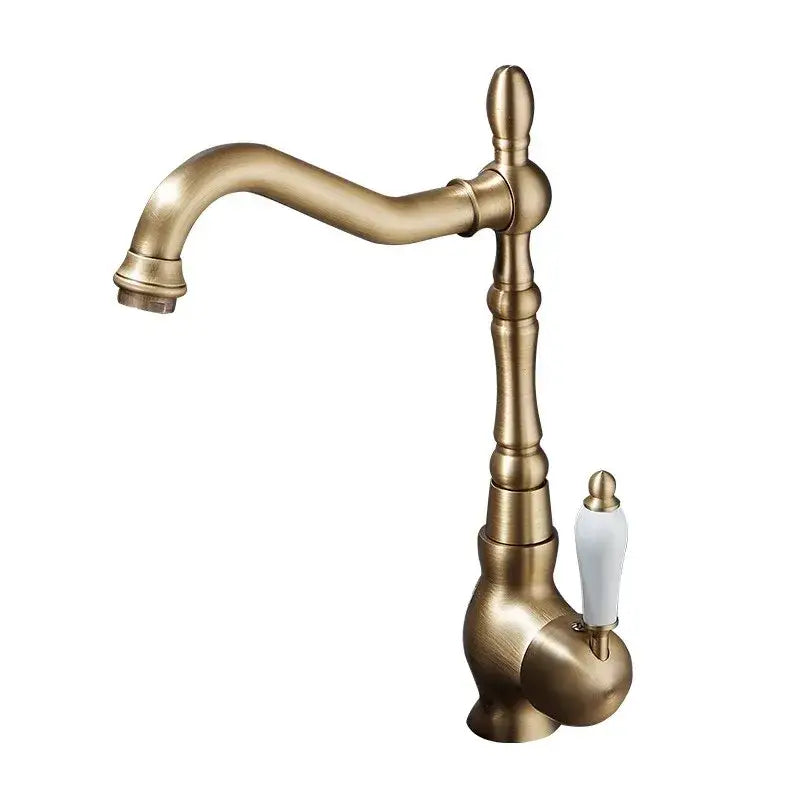 Decorbites™ antique bronze basin faucet with white ceramic handle and ornate vintage brass design for kitchen or bathroom