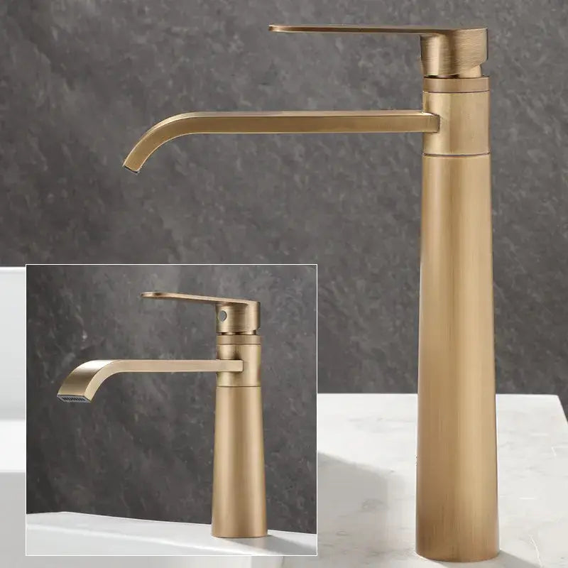 DecorBites™ antique bronze basin faucet with brass finish tall curved spout for hot and cold water mixing