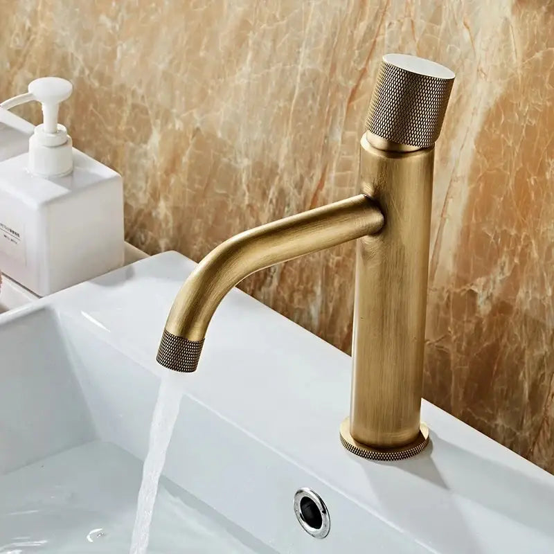 DecorBites antique bronze basin faucet with single-handle brass mixer tap featuring knurled textured accents