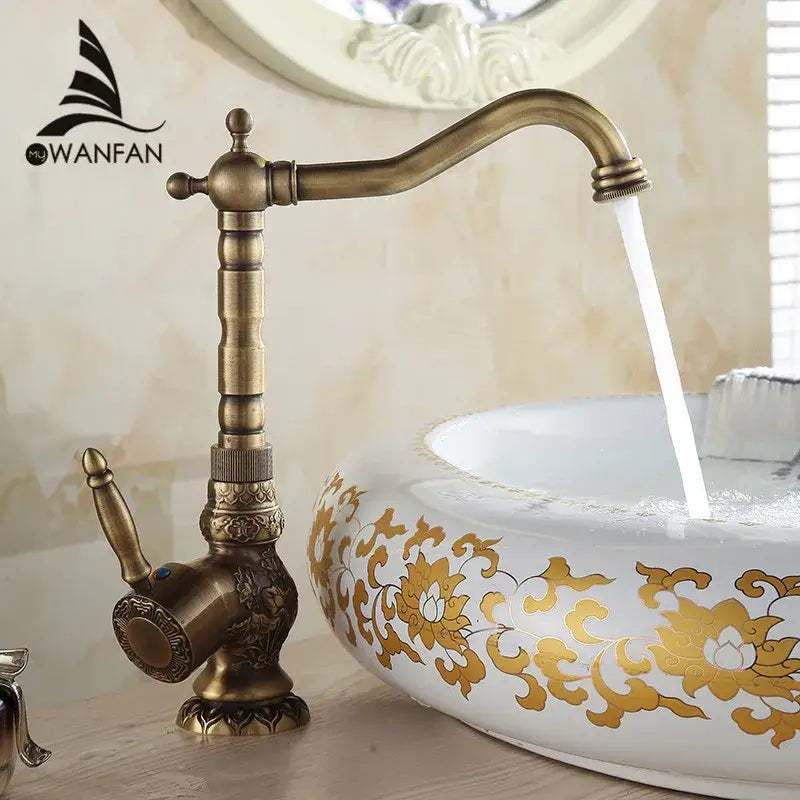 Decorbites™ antique bronze basin faucet with single handle, ornate brass finish, and separate hot water spout deck mounted