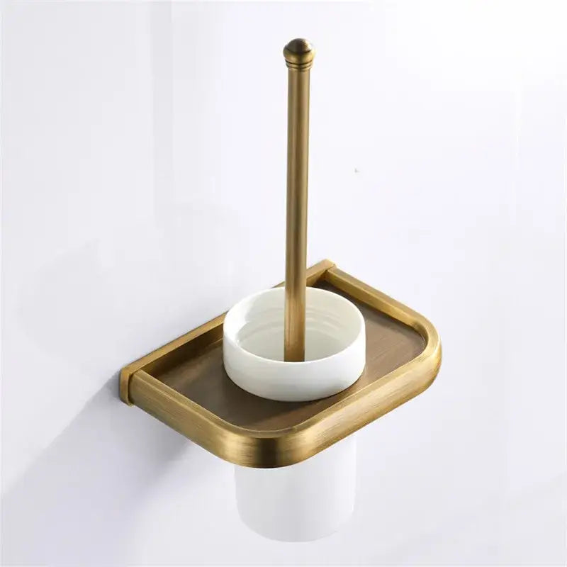 Decorbites antique bronze bathroom brass toilet brush holder with white ceramic bowl and wooden tray base