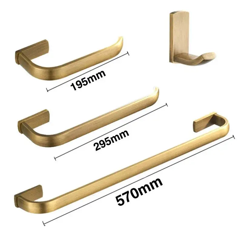 Set of three brass-finished antique bronze towel bars with varying lengths and matching hook for bronze bathroom accessory decor
