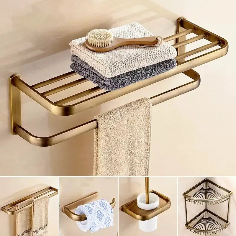 Decorbites™ antique bronze bathroom accessory set brass two-tier towel rack with hanging bar for organized storage