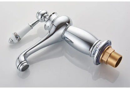 DecorBites antique bronze single handle bathroom faucet with chrome finish white ceramic floral handle and brass base real shot details