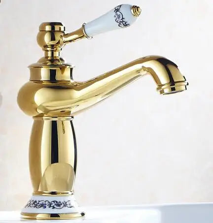Decorbites™ antique bronze bathroom faucet single handle mixer with gold finish and white ceramic handle blue floral details real shot details