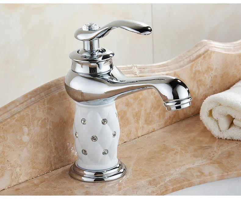 Decorbites antique bronze single handle bathroom faucet with chrome finish white ceramic base and real shot details