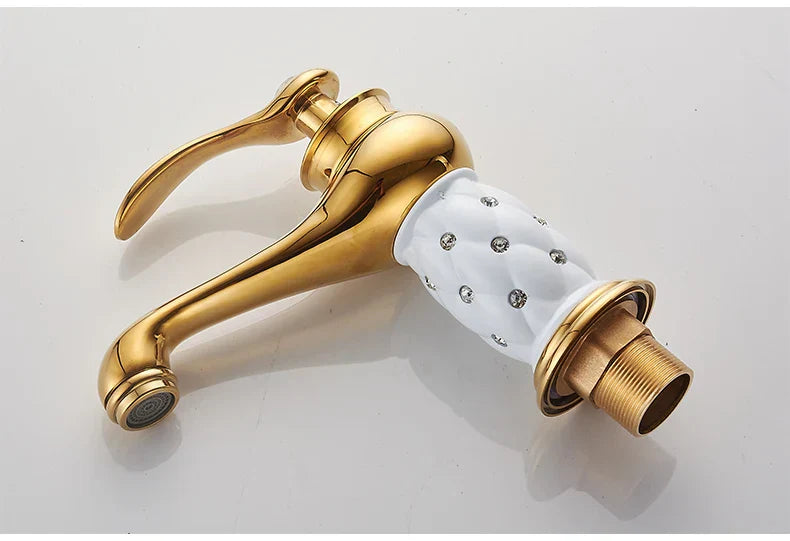 DecorBites™ antique bronze single handle bathroom faucet with gold finish and white ceramic handle with crystals real shot details