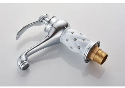 Decorbites™ antique bronze single handle bathroom faucet with chrome finish white ceramic handle and brass base real shot details