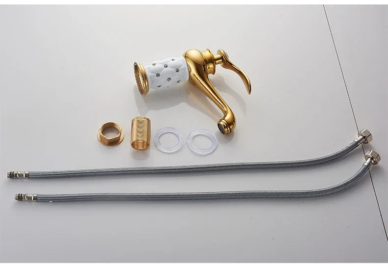 Decorbites™ antique bronze single handle bathroom faucet with gold finish real shot details white ceramic aerator and brass fittings