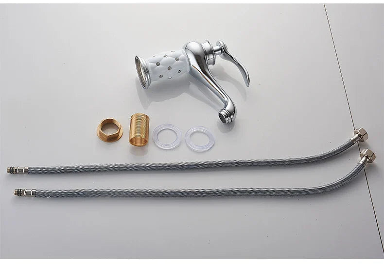 DecorBites™ single handle antique bronze bathroom faucet with chrome finish white ceramic aerator and flexible hoses real shot details