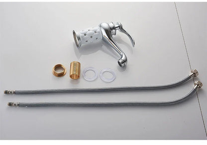 DecorBites™ single handle antique bronze bathroom faucet with chrome finish white ceramic aerator and flexible hoses real shot details