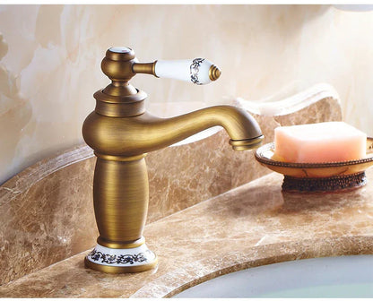 Antique bronze decorbites™ bathroom faucet with single handle ceramic base and black floral patterns real shot details
