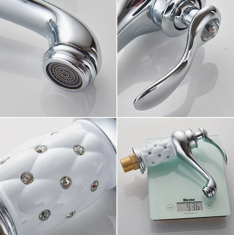 Chrome finished kitchen faucet with white quilted ceramic spout and crystal knob for decorbites antique bronze single handle mixer real shot details